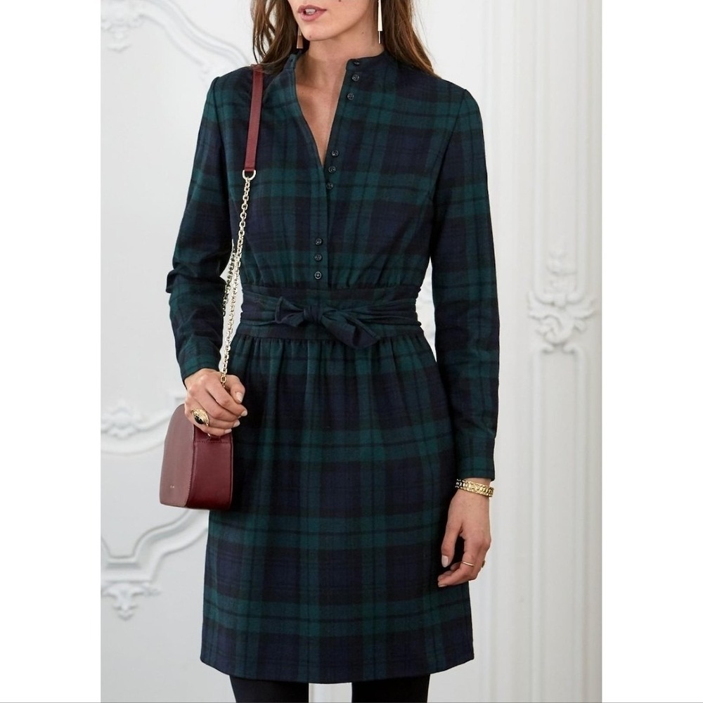 Sézane x Alix Thomsen Wool Navy Blue Green Plaid Shirt Dress Sz 42 Belted Lined‎